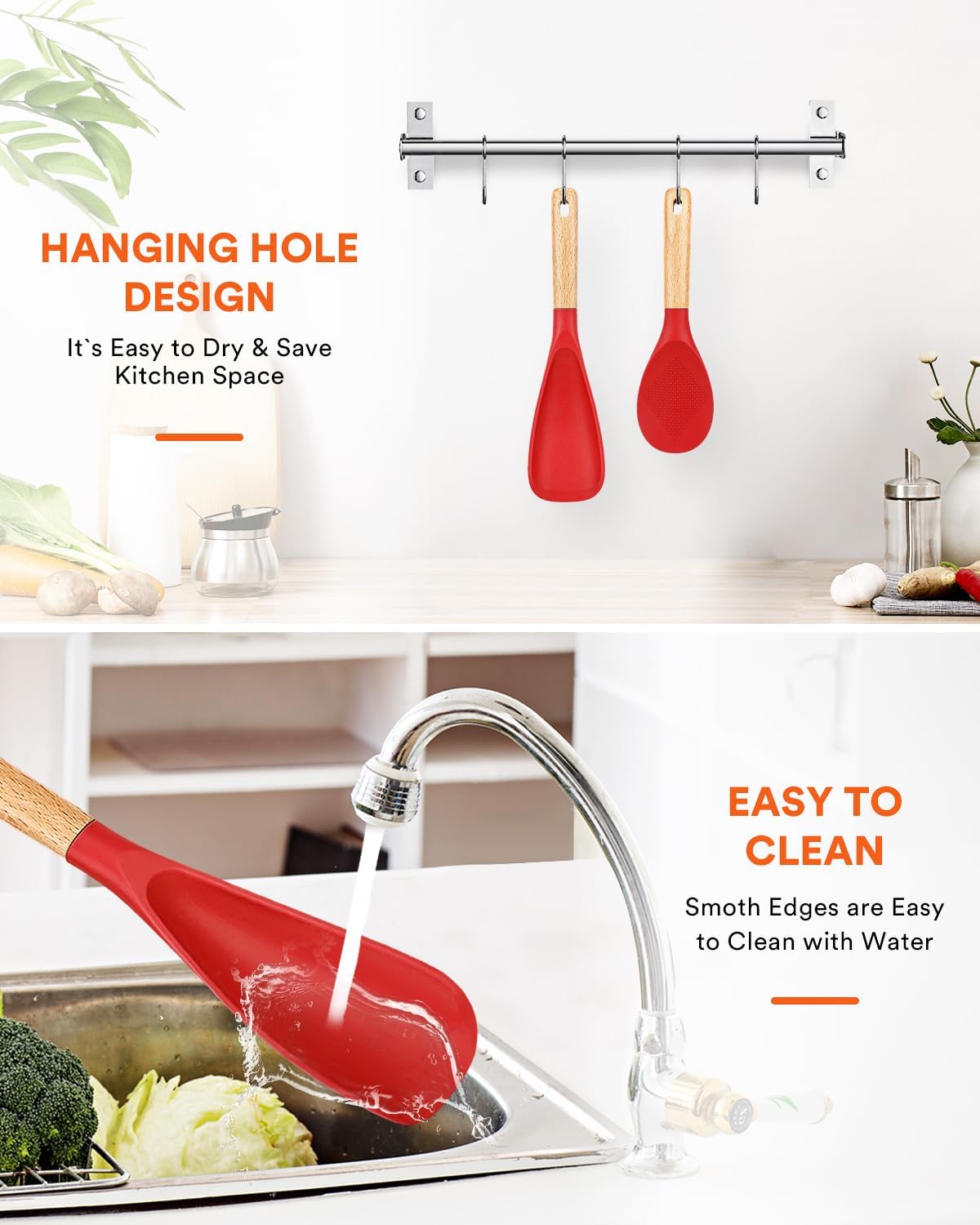 Cooking Spoon and Rice Scooper for Nonstick Cookwares, Great for Cooking and Serving Sturdy BPA-Free Matte Silicone, Wood Handle Spoon for Mixing, Scoop, and Scrape (RED)