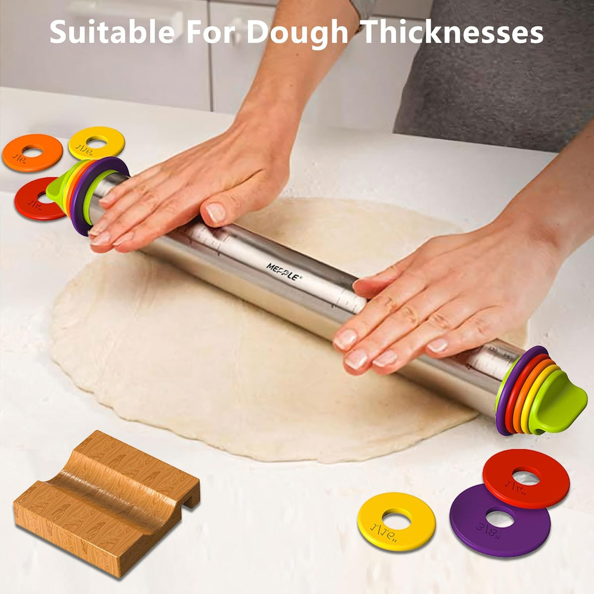 Stainless Steel Rolling Pin with Thickness Rings and Pastry Baking Mat, 13.6" Adjustable Rolling Pin Dough Roller for Baking Cookie Pizza, Comes with Large Silicone Pastry Mat and Wooden Stand