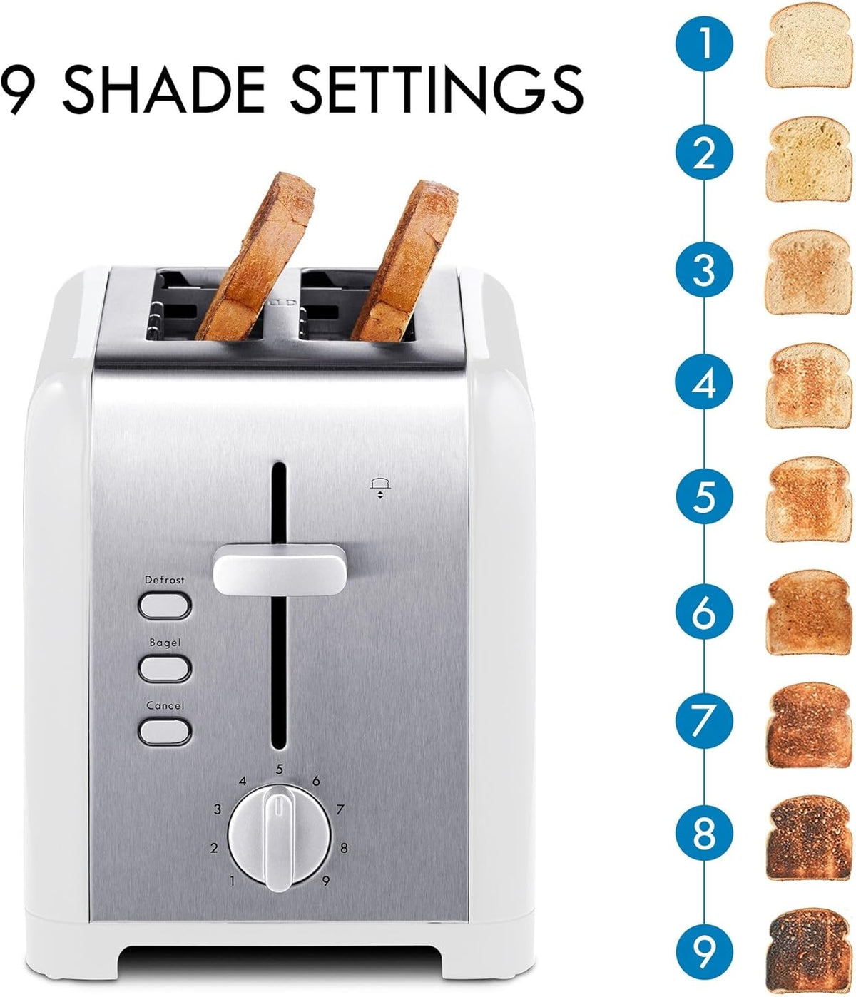 Kenmore toaster 2 slice - extra wide slot countertop kitchen appliance, defrost function, tostador de pan, 9 shade settings, compact design, easy clean crumb tray, bread bagel, stainless steel & White