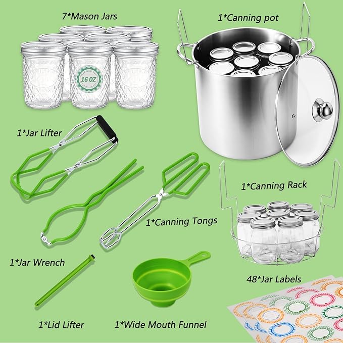 Canning Pot Water Bath Canner with Rack and Mason Jars, 20 Quart Stainless Steel Stock Pots, Canning Supplies Starter Kit Beginners Tools Set, Jar Lifter Tongs and Pickling Kit Accessories