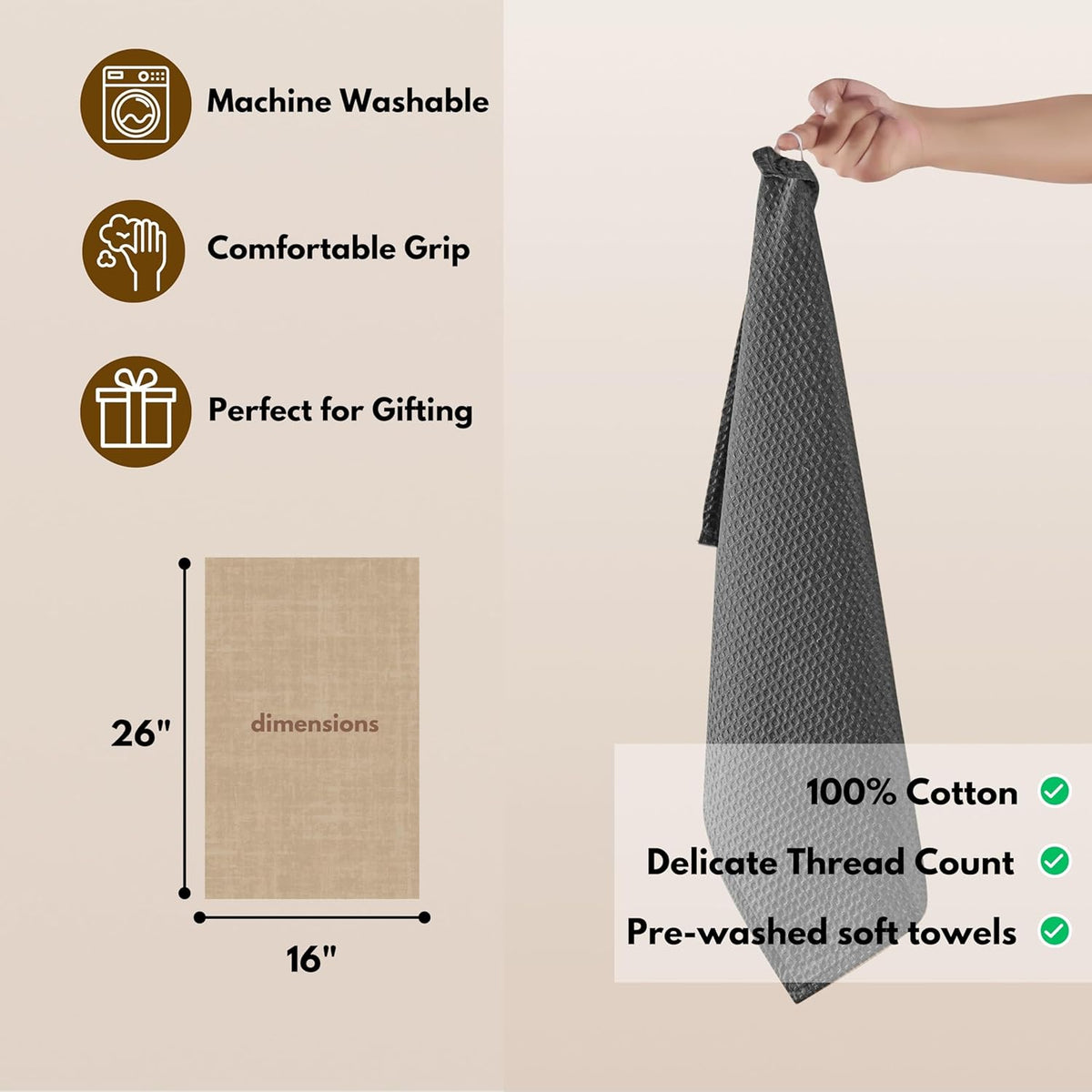 Native Fab Cotton Kitchen Towel - 16x26 inches, 6 Pack, Waffle Weave Kitchen Towels for Cleaning, Drying, Washcloths with Hanging Loop, Soft & Absorbent Dish Cloths, Grey