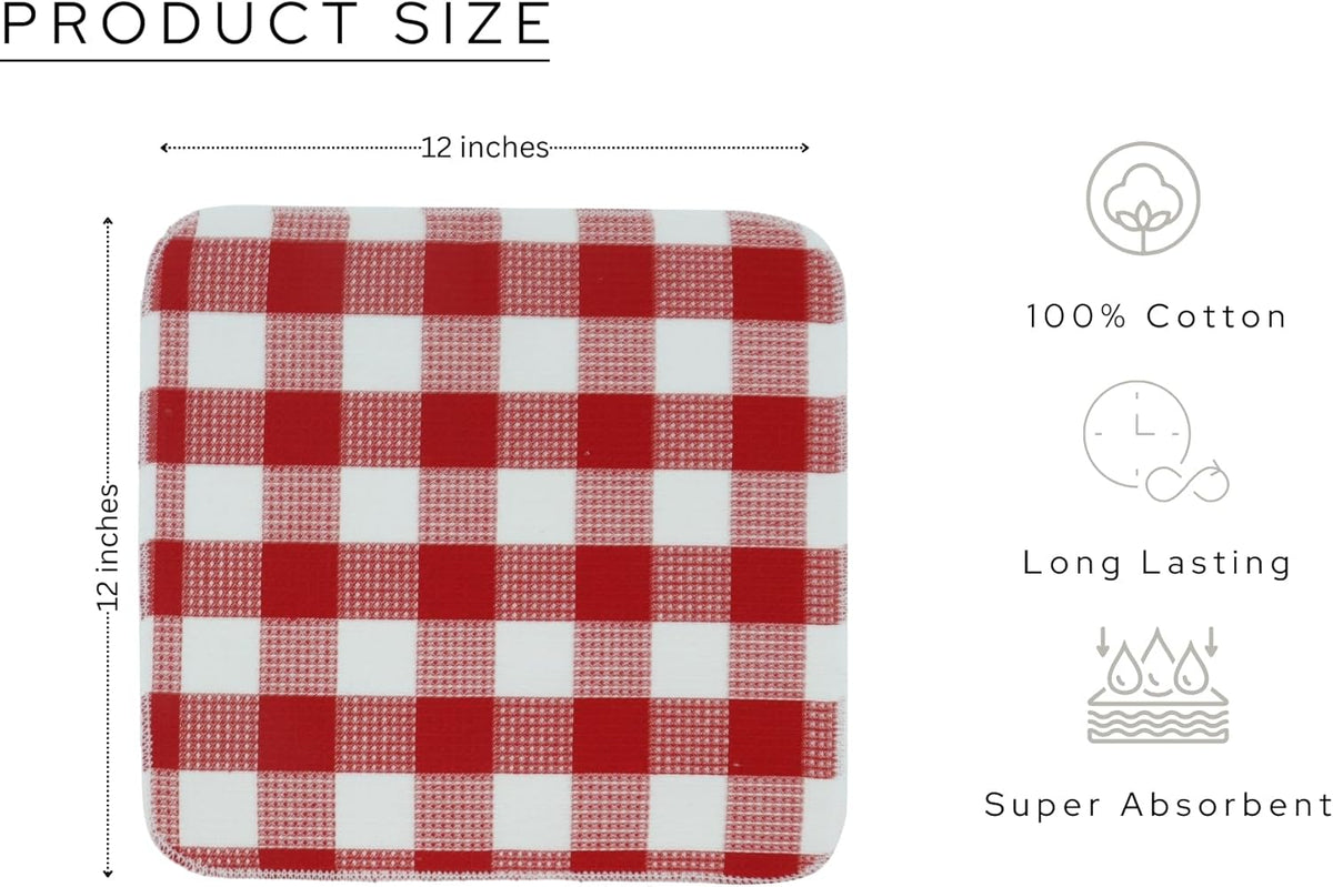 PurpleEssences Waffle Weave Plaid Dish Cloths, 100% Cotton - 12 x 12 Inches, Ultra Soft Absorbent Quick Drying Dish Towels Buffalo Check Dish Rags for Kitchen, 6 Pack - Spring Summer - Red and White