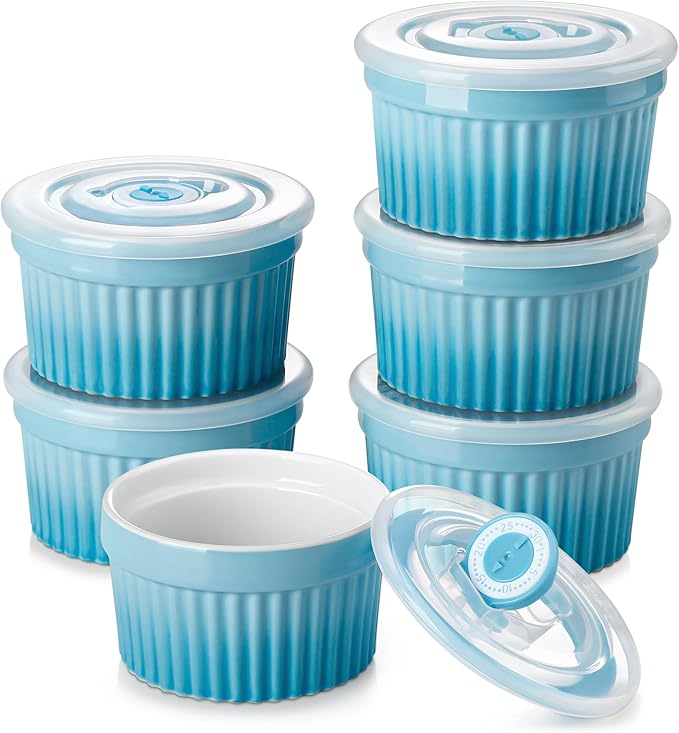 vancasso 8 oz Ramekins with Lid, Porcelain Creme Brulee Souffle Dishes, Blue Pudding Custard Cups Ramiken for Baking, Dishwasher and Oven Safe, Set of 6