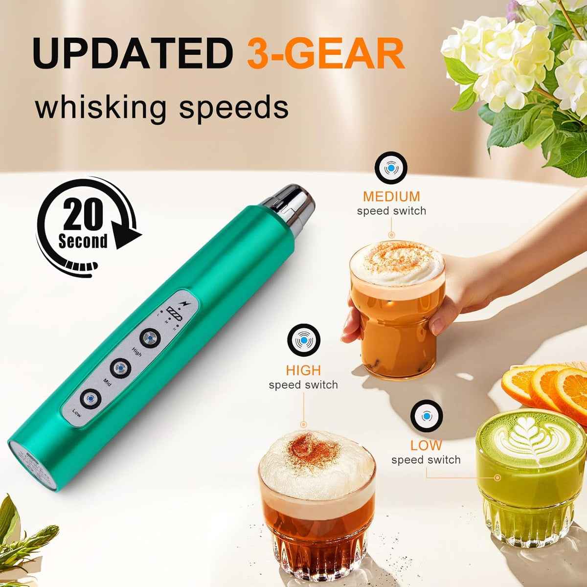 YUSWKO Turquoise Handheld Milk Frother Wand for Coffee, Rechargeable Electric Whisk with 3 Heads 3 Speeds Drink Mixer Coffee Frother For Latte, Cappuccino, Hot Chocolate, Egg