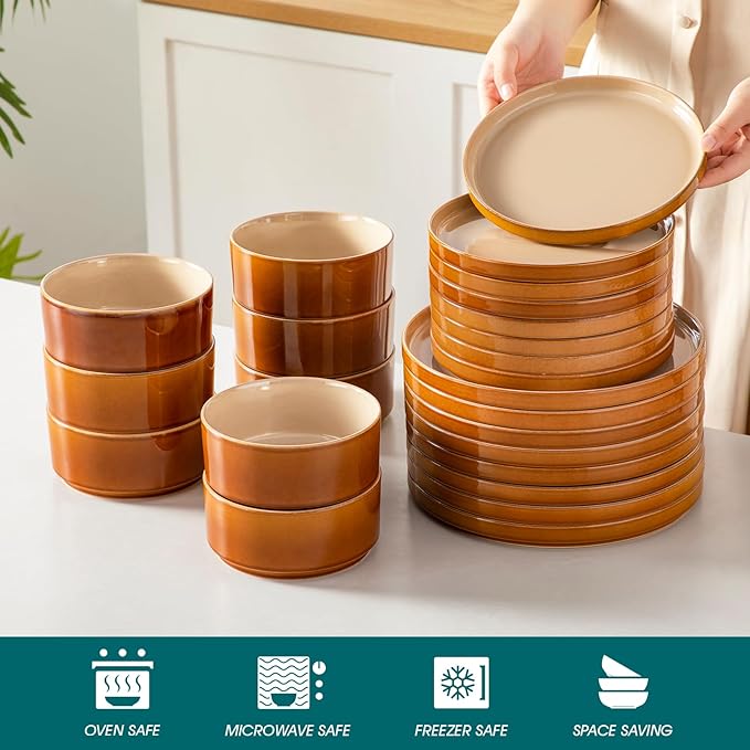 vancasso ONION Ceramic Plates and Bowls Sets, 24 Pieces Brown Dinnerware Sets for Kitchen, Reactive Glaze Dishes Set for 8, Dishwasher and Microwave Safe