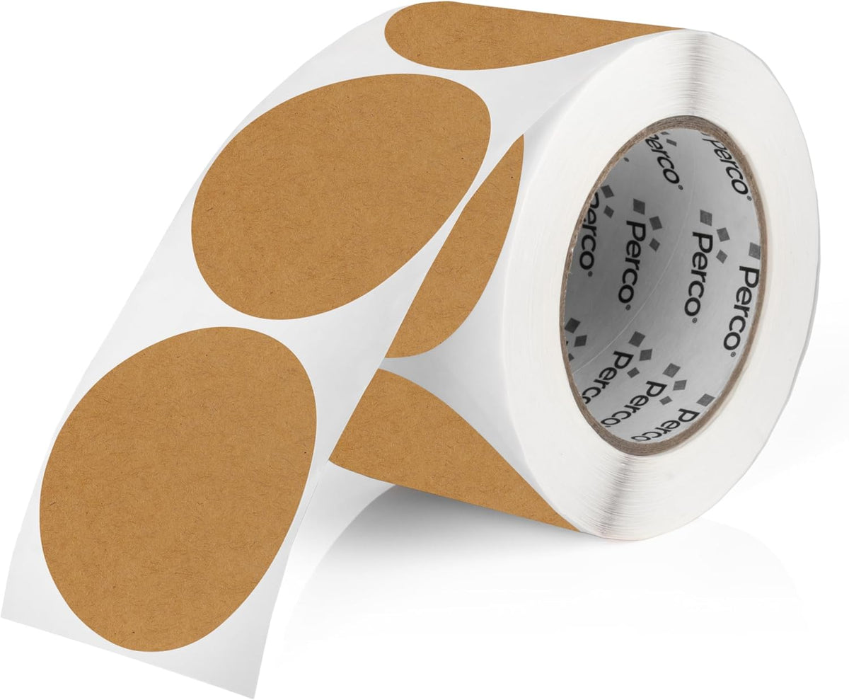 Perco Kraft Brown 3-Inch Round Circle Dot Sticker Labels with Strong and Permanent Adhesive - 500 Labels per Roll - Natural, Cardboard-Like Surface - Made in USA