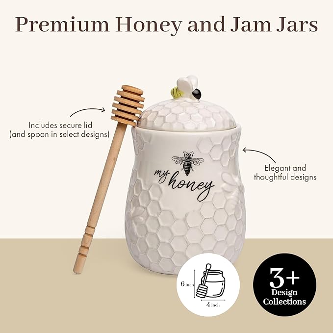Young's Inc. Ceramic Honey Jar with Lid and Wooden Honey Dipper - Farmhouse Kitchen Decor - Tea Accessories