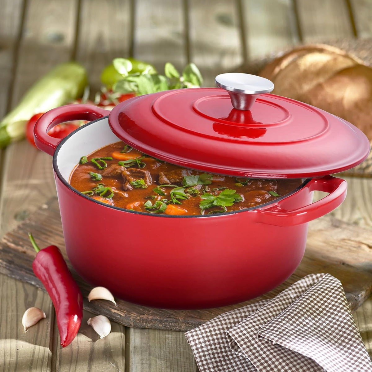 3 Qt Enameled Cast Iron Dutch Oven with Lid, E-far Small Round Nonstick Dutch Oven Pot for Bread Baking Braising Stews Roasting Cooking, Heavy Duty, Induction & Oven Safe - Red