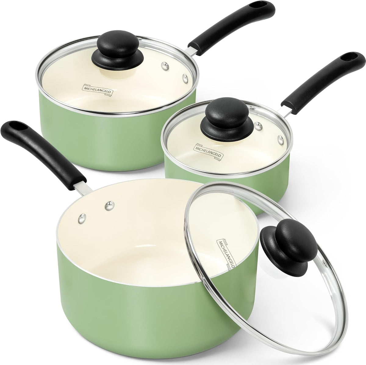 MICHELANGELO Nonstick Sauce Pan with Lid, Ceramic Saucepan Set, Non Toxic Small Saucepans Sets with Stay-Cool Handle, Induction Pots For Cooking, PTFE & PFOA Free - 1Qt & 2Qt & 3Qt, Green
