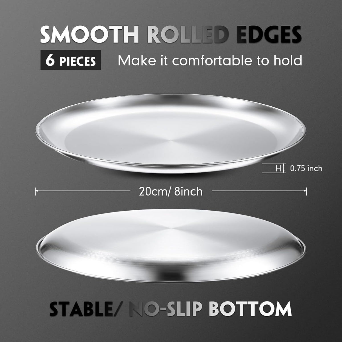 Thenshop 6 Pieces 8 Inch Pizza Pans Bulk Stainless Steel Sets Round Bakeware Pizza Trays for Oven Kitchen Baking Home Restaurant Safe Sturdy Reusable Easy Clean(Silver)