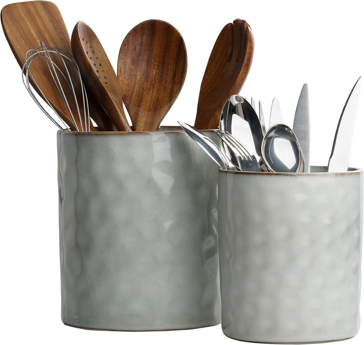famiware Ocean Utensil Holder, 7.2"+5.8" Ceramic Kitchen Utensil Holder for Countertop, 2 Pieces Cooking Utensil Crocks, Utensil Organizer for Spatula & Spoon, Kitchen Decor, Set of 2, Gray
