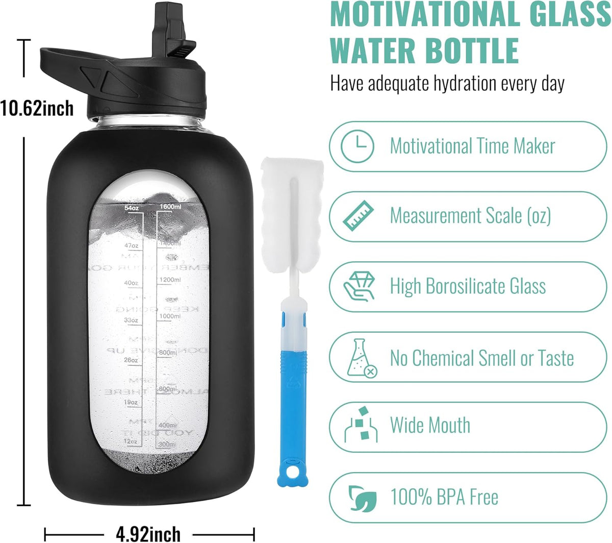 CIVAGO 64 oz Glass Water Bottle Jug with Straw and Handle, Half Gallon Sports Motivational Bottle with Time Marker and 2 Lids, Flask Canteen with Silicone Sleeve for Gym, Sage