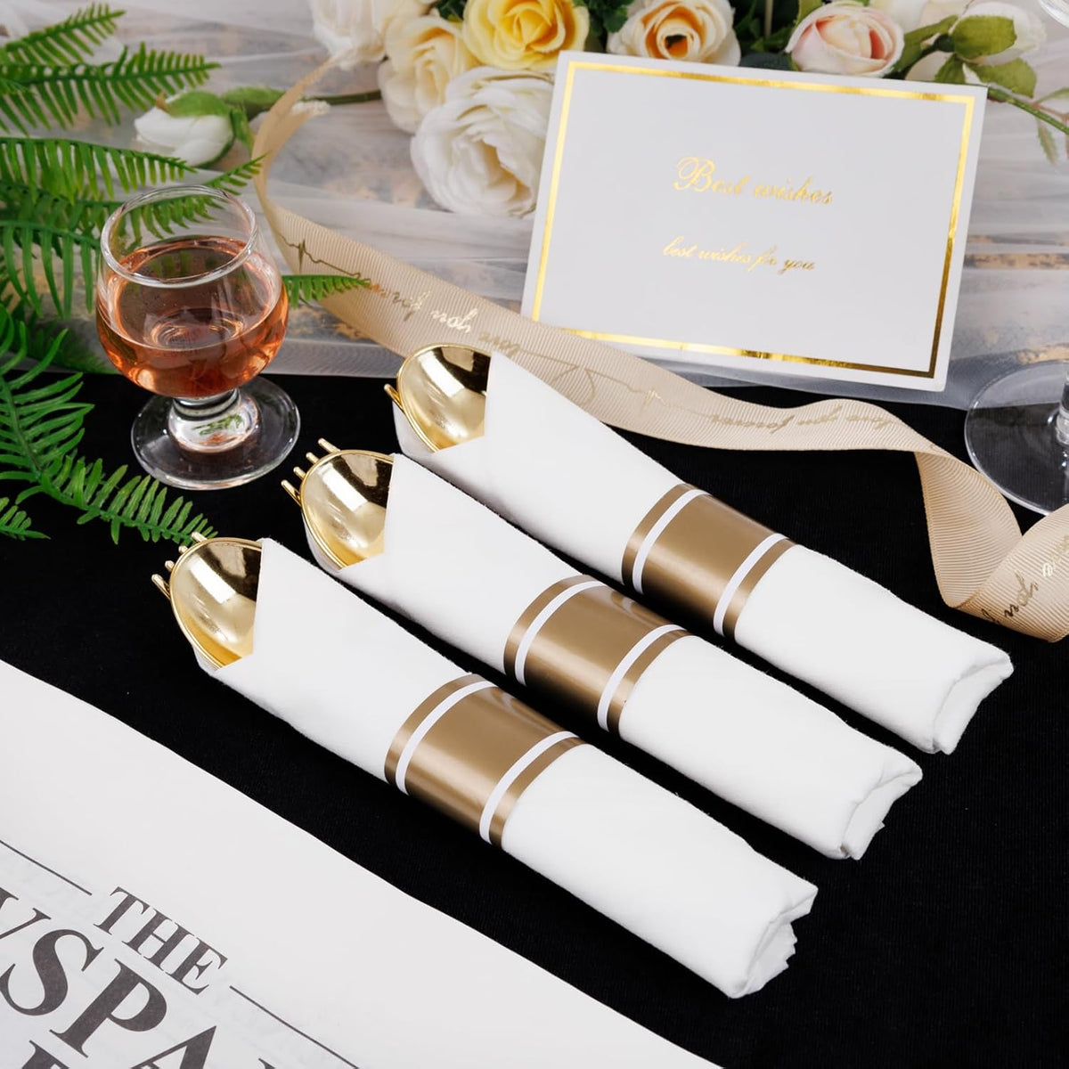 400PCS Pre Rolled Gold Plastic Silverware Sets - Heavy Duty Hammered Gold Cutlery Include 100 Pack Wrapped Disposable Utensils with Napkins for Parties, Dinners & Weddings