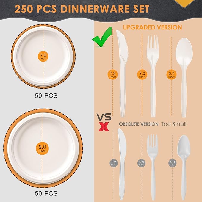 Gezond Compostable Paper Plates 250pcs Disposable Plates Heavy-Duty Paper Plates Biodegradable White Plates for Party Sugarcane Plates Cornstarch Forks Knives Spoons for 50 Guests