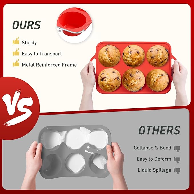 2 Packs 6 Cups Silicone Muffin Pan with Metal Reinforced Frame Jumbo Size Cupcake Pan Tray Egg Bites Silicone Circle Cookie Molds Muffin Tin Tart Pans Large Big Baking Sheet Set for Breakfast