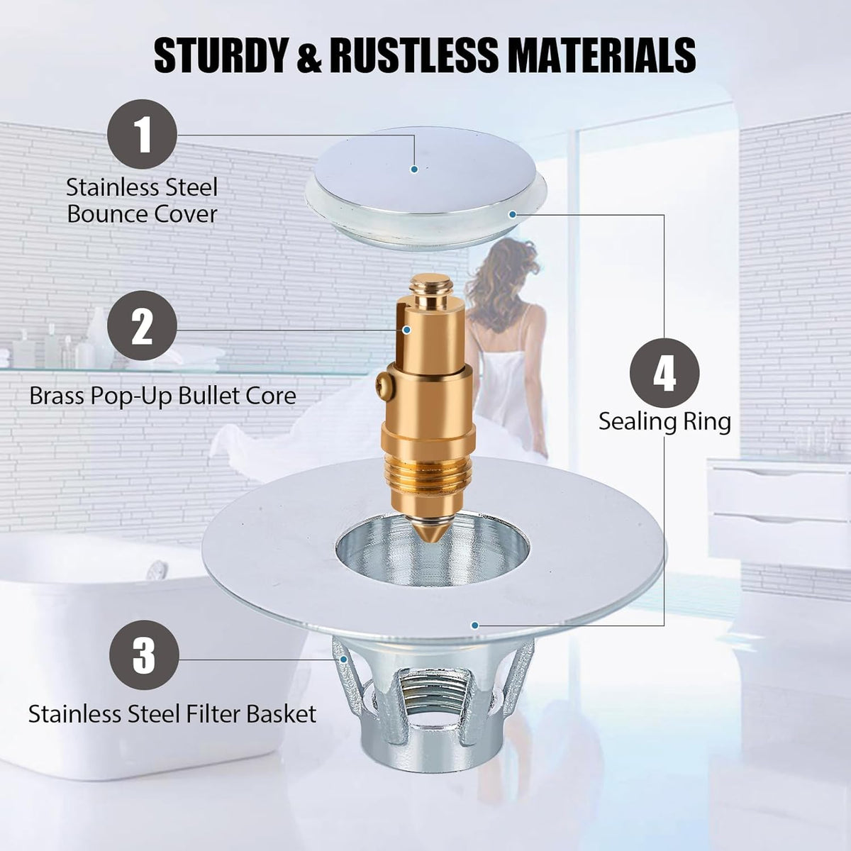Three colors Bathroom Sink Stopper,Pop Up Drain Stopper with Bullet Core Push Type,Anti-Clogging Strainer Stopper Plug with Filter Basket for 1.1-1.5",(Silver,1PCS)
