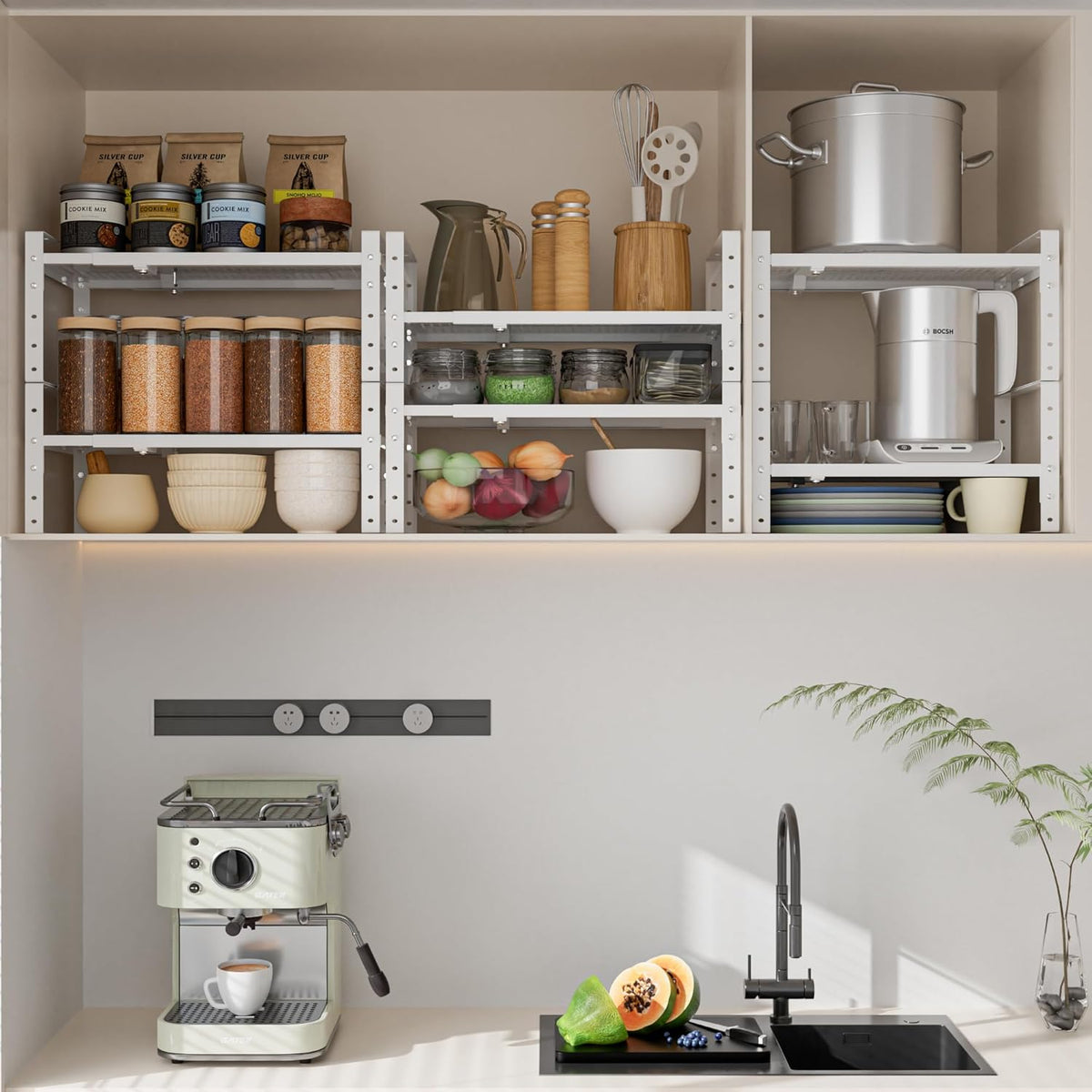Expandable,Adjustable & Stackable Spice Rack, Cabinet Kitchen Countertop Shelf Organizer,Metal Pantry Storage Shelves - Space-Saving Storage Solution(1Pack/White/Large)