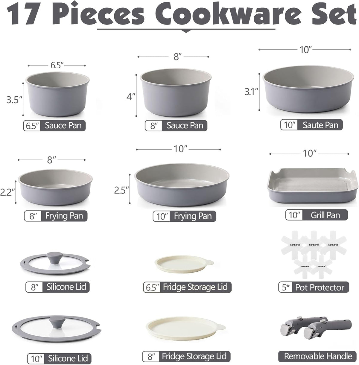 SENSARTE 17 Piece Ceramic Pots and Pans Set, Nonstick Detachable Handle Cookware, Induction Kitchen Cookware Set with Removable Handle, Dishwasher ＆ Oven Safe (Gray)