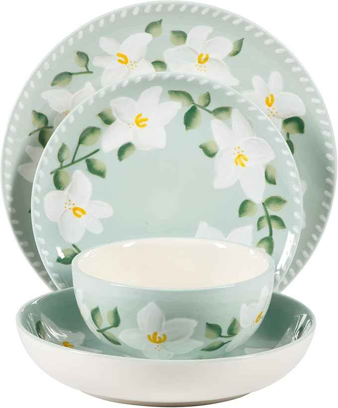 Bloomhouse Magnolia Bloom 16 Piece Double Bowl Hand Painted Stoneware Plates and Bowls Floral Dinnerware Set
