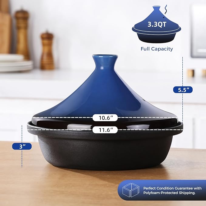 Moroccan Tagine for Cooking: Enameled Cast Iron Cooking Pot, Slow Cooker, Classic Kitchen Cookware, Tajine with Ceramic Cone-Shaped Closed Lid, 3.3 QT, Blue