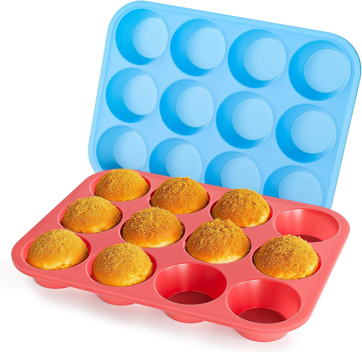Bangp 12-Cup Silicone Muffin Pan with Metal Reinforced Frame,2 Pack Regular Size Cupcake Pan,Premium Non-Stick Bend Resistance Silicone Molds for Making Muffin,Cakes,Tart,Egg Bites (Red & Blue)