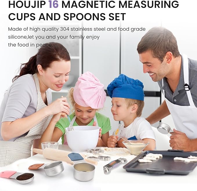 Magnetic Measuring Cups and Spoons Set-Heavy Duty 304 Stainless Steel，Double Measurement Markings，Set of 16 with Leveler for Measure Dry and Liquid Ingredients