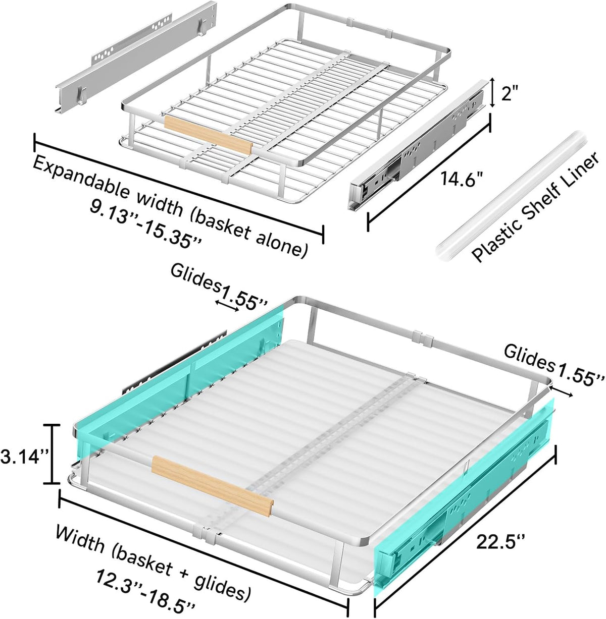 1Pack Expandable Pull Out Cabinet Organizer, Slide Out Drawers for Kitchen Cabinets, Heavy Duty Drawer Slides for Home Kitchen Pantry Cupboard Pots Pans, Adjustable Width 12.3"~18.5" W x 22.5''D