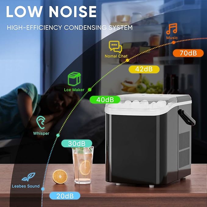 DUMOS Countertop Ice Maker with Handle, 26lbs/24H Portable Ice Machine, 9 Bullet Ice Cubes Ready in 6 Mins, Self-Cleaning, Quiet Compact Ice Maker for Home, Kitchen, RV, Camping, Black