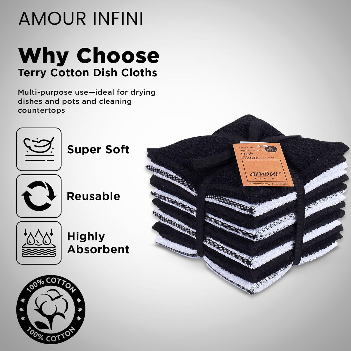 AMOUR INFINI Dish Cloths for Washing Dishes Set of 8 - Highly Absorbent, Super Soft Kitchen Dishcloths - Reusable Quick Dry Dish Rags for Cleaning & Drying Kitchen Linens (12x12 Inch - Black)