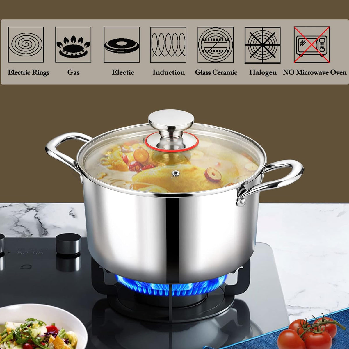P&P CHEF 4 Quart Tri-Ply Stainless Steel Stock Pot, 4 Qt Stockpot Pasta Cooking Pot with Visible Lid for Soup Vegetable, Induction Cookware for All Stoves, Sturdy & Double Handle, Dishwasher Safe