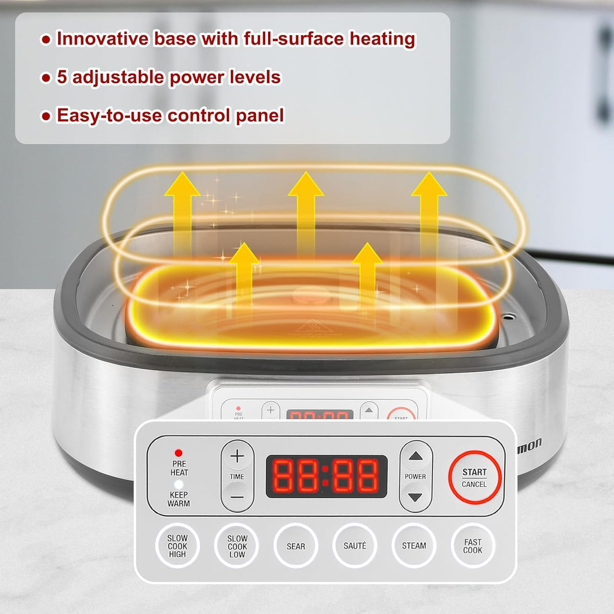 Electric Dutch Oven Multi-Cooker 6-in-1, 5.8QT Enameled Cast Iron Pot - Oven Safe Pot to 392℉, 1250W Fast Heating, 6 Preset Functions- Slow Cook, Sauté, Sear, Steam, Fast Cook, Keep Warm