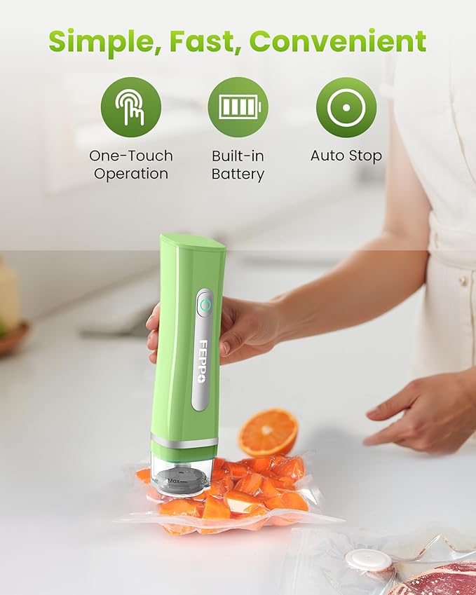 FEPPO Vacuum Sealer for Food with Visible Water Tank, Handheld Saver Compact Vacuum Sealer Machine with 30 Reusable Bags for 6X Preservation & Fresh, Light Green