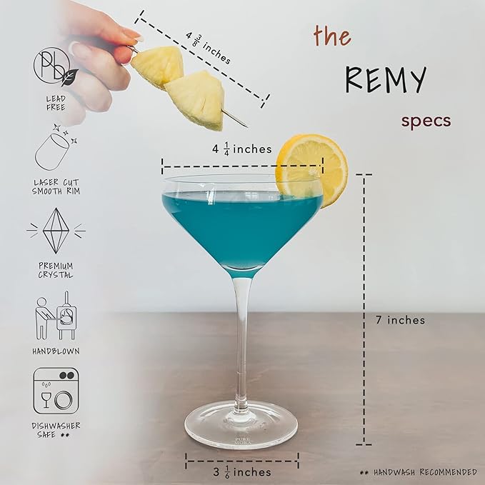 MORA PURE The Remy Coupe - Set of 4, 8oz Handblown Premium Crystal Martini Glasses for Cocktail, Gin & Tonic, Cosmopolitan, Manhattan, Bar, Fancy Mixology, etc. Modern Angle Drinking Glassware