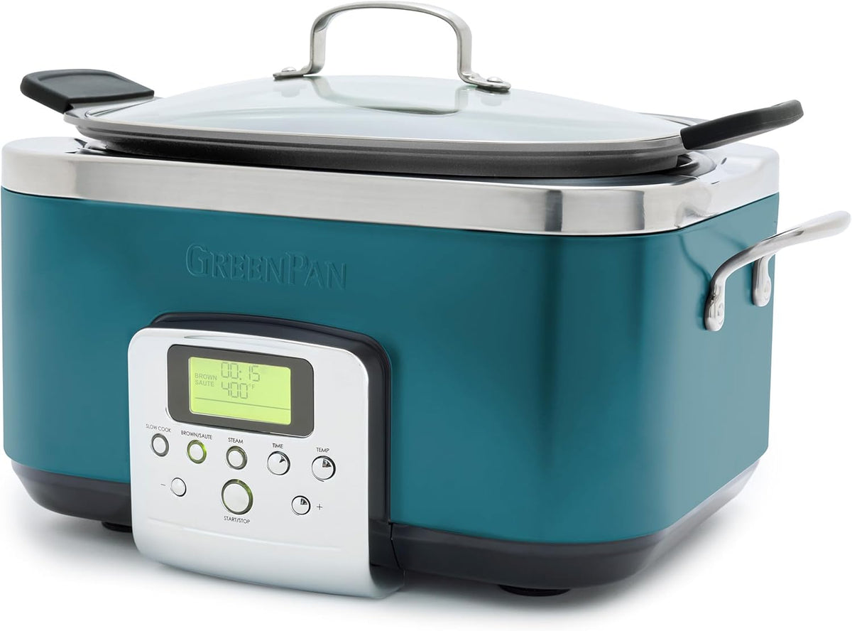 GreenPan Elite 8-in-1 Programmable 6QT Electric Slow Cooker, Dishwasher Safe Lid & Removable Crock, PFAS-Free Healthy Ceramic Nonstick Multi-Cooker, Sear, Sauté,Brown, Steam Basket, Roast, Deep Teal