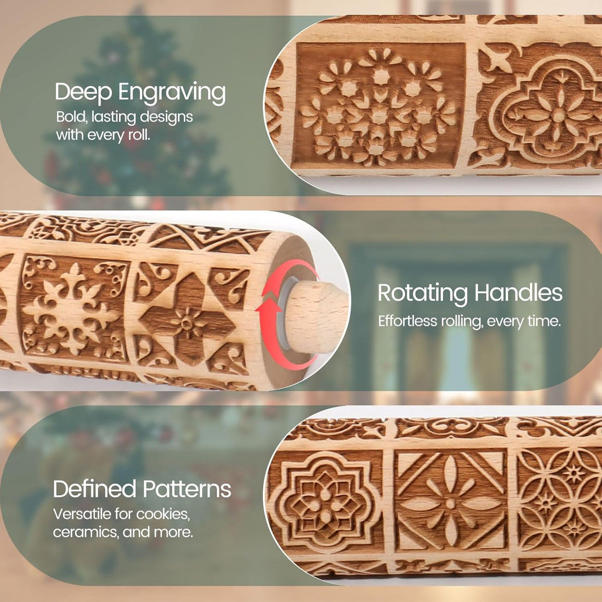 Christmas Embossed Rolling Pin for Baking Cookies Embossing Rolling Pins with Design Wooden Engraved Springerle Roller Pin Dough Patterned Clay Pottery Ceramic Bakers Women (Vintage Square Patterns)