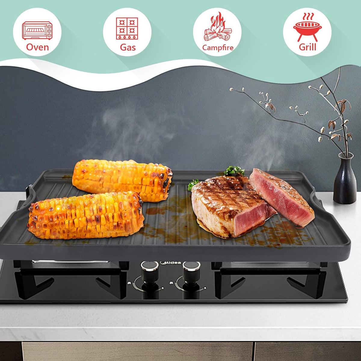24" X 16" Reversible Cast Iron Griddle for Camp Chef, Flat Top Plate for Gas/Stove/Charcoal/Propane Grill, Universal 4 Burner Stove Top Griddle for Outdoor Cooking & Camping Accessories