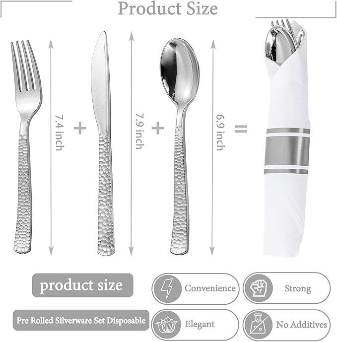 WELLIFE 400PCS Silver Plastic Silverware, Pre Rolled Silverware Set Disposable,Plastic Cutlery Includes: 100 Forks, 100 Knives, 100 Spoons, 100 Napkins, Cutlery Set Disposable