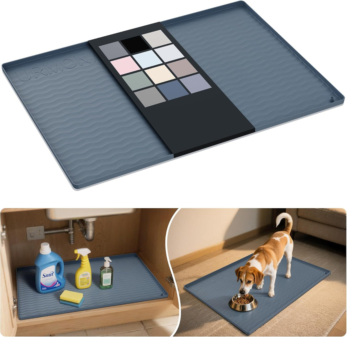 URMONA Waterproof Silicone Under Sink Mat 22'' x 22'' Shelf Liner for Kitchen and Bathroom, Cabinet and Counter Protector, Storage and Organizers, Litter Mat, Pet Cat Puppy Essentials(Dark Grey)