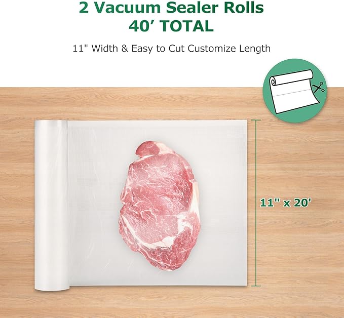 FRESKO Vacuum Sealer Bags Rolls 2 Packs 11" x 20', Commercial Grade Seal a Meal Bags for Storage Food and Sous Vide, BPA Free, Heavy Duty Customized Size Freezer Bags for Vacuum Sealer