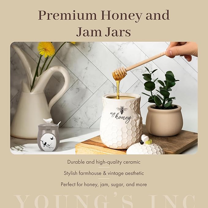 Young's Inc. Ceramic Honey Jar with Lid and Wooden Honey Dipper - Farmhouse Kitchen Decor - Tea Accessories