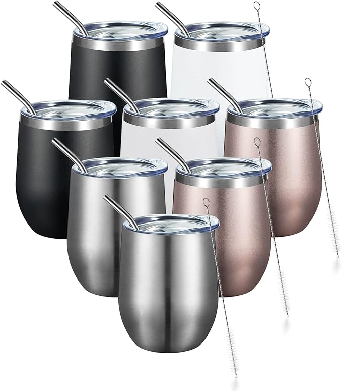 COMOOO Stainless Steel Wine Tumbler with Lid and Straw 12oz Double Wall Vacuum Insulated Travel Tumbler Cup for Coffee, Wine, Cocktails, Champagne (Black White Silver and Rose Gold,8 Pack)