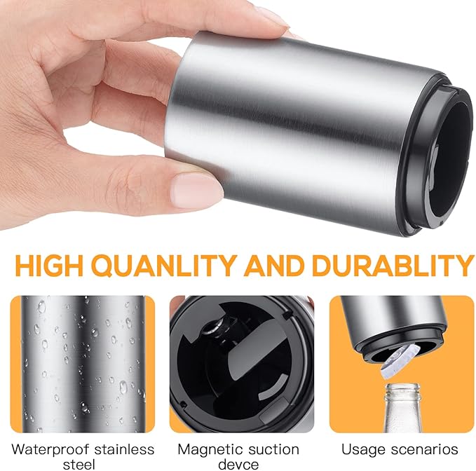 3PCS Premium Automatic Beer Bottle Opener, Magnet Stainless Steel Push Down Off Soda Lid Open Magnetic Catching No Damage Caps, Portable Pop the Top Bar Tools for Home Wine Accessories Picnic Camping