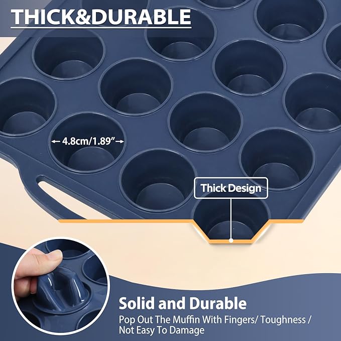 Mini Silicone Muffin Pan with Metal Frame, Non Stick Silicone Cupcake Pan with Handles 24 Cup, BPA Free Silicon Muffin Tin Tray Small for baking, egg bites, Cupcake Mold Grey