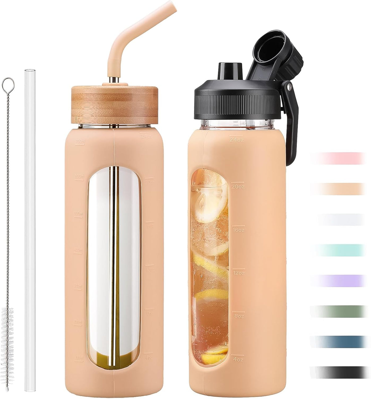 Glass Water Bottle with Straw, 24oz Glass Drinking Bottle with 2 Lids-Bamboo and Spout Lid with Phone Holder Handle for Gym Sports,with Silicone Sleeve and Time Marker,Amber