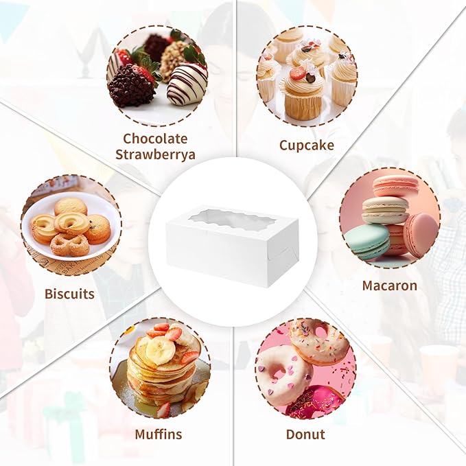 Bento Cake Box With Cupcakes, Clear Window 5 Holes Bento Combination,6 Sets: Cookie Boxes Fit 4 Regular Cupcake and Mini Cakes, Christmas Wedding Birthday Party (White/clear, 1+4/6pcs)