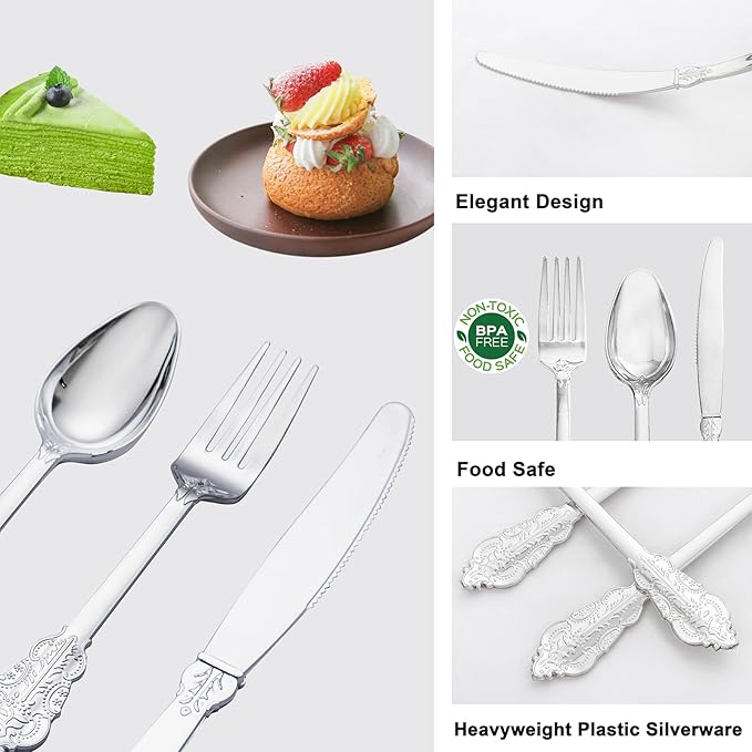 Liacere 400PCS Silver Plastic Silverware - Pre Rolled Napkins Disposable Silver Cutlery-Premium Quality Gold Plastic Utensils - Includes 100Forks,100Knives,100Spoons,100Napkins&Christmas