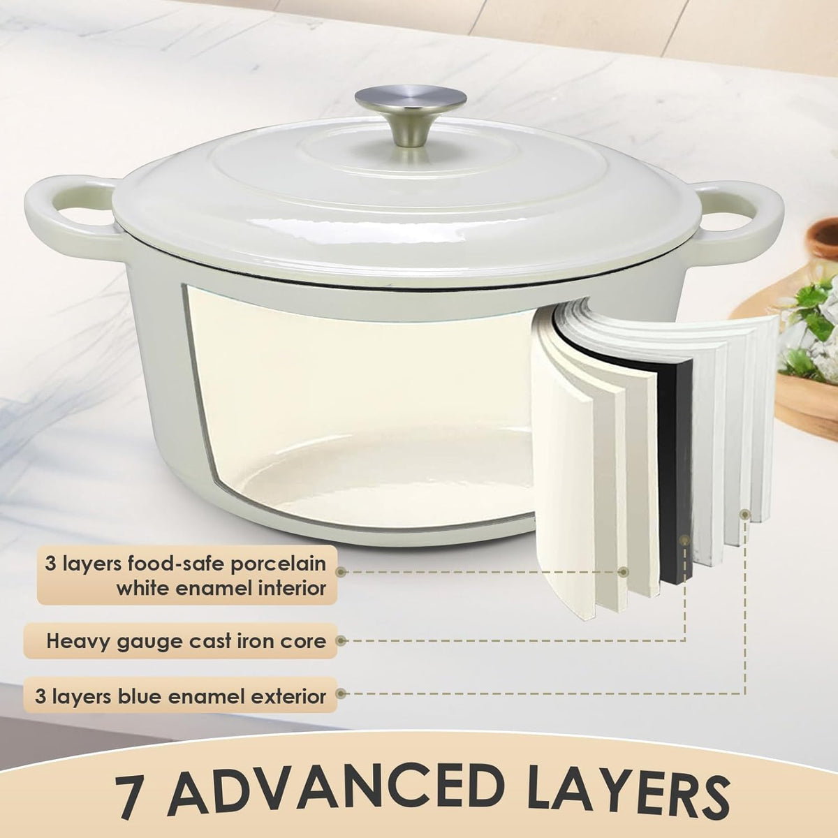 LIFERUN 6 Qt Enameled Cast Iron Dutch Oven Pot with Lid，Oven Safe up to 500° F, Non-Stick Dutch Oven with Dual Handles for Bread Baking, Fry Foods, Braising, Stews, Roasting (White)