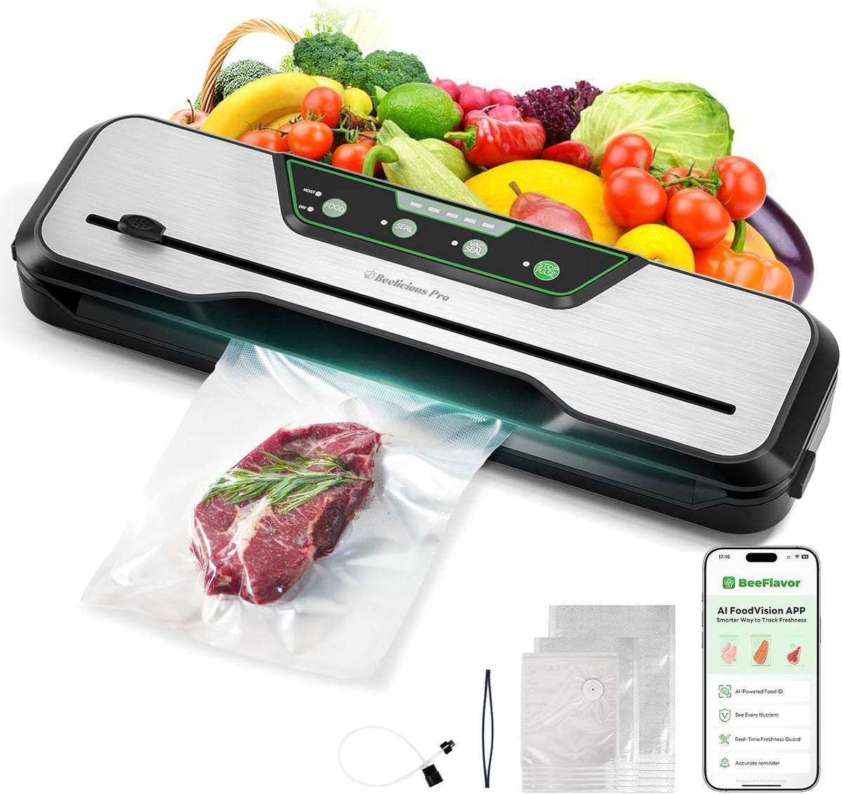 Automatic Food Vacuum Sealer Machine | Beelicious Pro 80KPa 8-In-1 Food Vacuum Saver with Starter Kits | 15 Bags, Pulse Function, Moist&Dry Mode and External VAC for Containers, Stainless Steel
