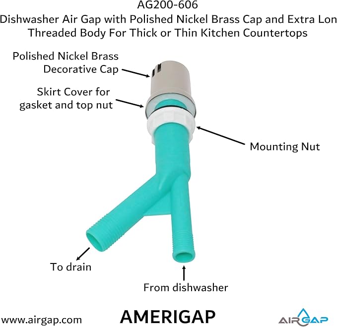 Dishwasher Air Gap with Skirted Polished Nickel Brass Cap and Extra Long Threaded Body for Thick or Thin Kitchen Countertops (AG200-606, AG200-X06, AMERIGAP)