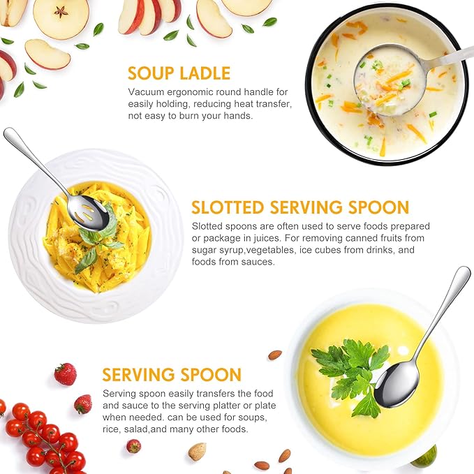 Patelai Serving Utensils Set Include Stainless Steel Large Spoons Slotted Spoons Forks Tongs Soup Ladle and Pie Server for Parties Buffet Catering, Dishwasher Safe(Silver,15 Pieces)
